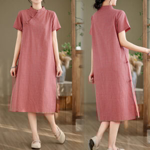 Plaid Short Sleeve Frog-Button Design Cotton Linen Improved Cheongsam Midi Dress - Image 9