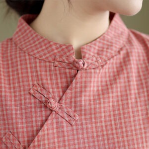 Plaid Short Sleeve Frog-Button Design Cotton Linen Improved Cheongsam Midi Dress - Image 5