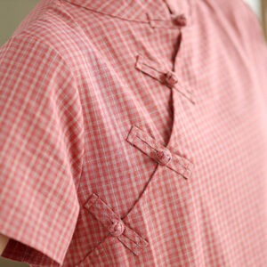 Plaid Short Sleeve Frog-Button Design Cotton Linen Improved Cheongsam Midi Dress - Image 7