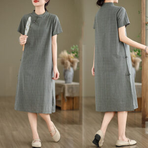 Plaid Short Sleeve Frog-Button Design Cotton Linen Improved Cheongsam Midi Dress - Image 14
