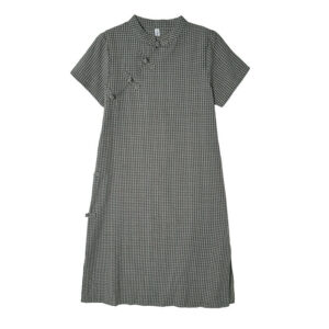 Plaid Short Sleeve Frog-Button Design Cotton Linen Improved Cheongsam Midi Dress - Image 15