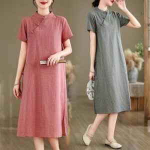 Plaid Short Sleeve Frog-Button Design Cotton Linen Improved Cheongsam Midi Dress - Image 16