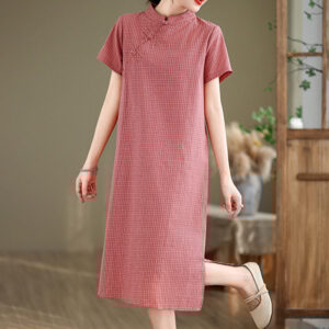 Plaid Short Sleeve Frog-Button Design Cotton Linen Improved Cheongsam Midi Dress - Image 4