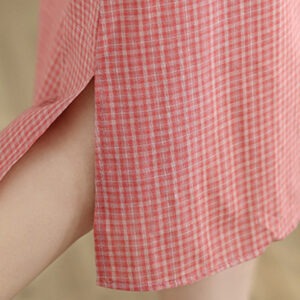 Plaid Short Sleeve Frog-Button Design Cotton Linen Improved Cheongsam Midi Dress - Image 8