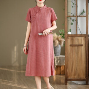 Plaid Short Sleeve Frog-Button Design Cotton Linen Improved Cheongsam Midi Dress