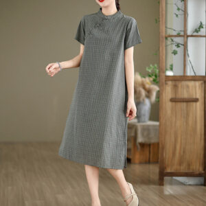 Plaid Short Sleeve Frog-Button Design Cotton Linen Improved Cheongsam Midi Dress - Image 12