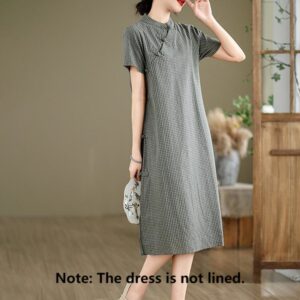 Plaid Short Sleeve Frog-Button Design Cotton Linen Improved Cheongsam Midi Dress - Image 11