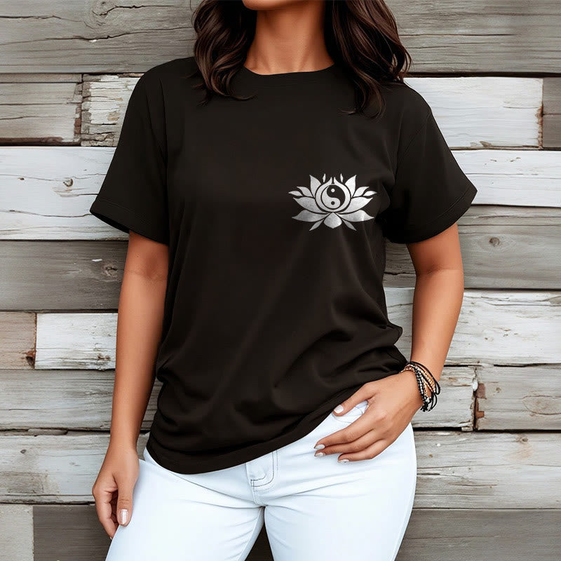 Yin Yang Lotus Flower Design Tee T-shirt - Image 4