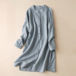 Buttons Design Plain Long Sleeve Stand Collar Cotton Linen Midi Dress With Pockets