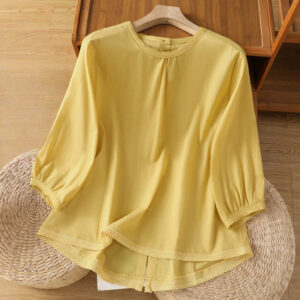 Plain Lace Hem Single Breasted Button Cotton Linen Three Quarter Sleeve Women's Crew Neck Shirt