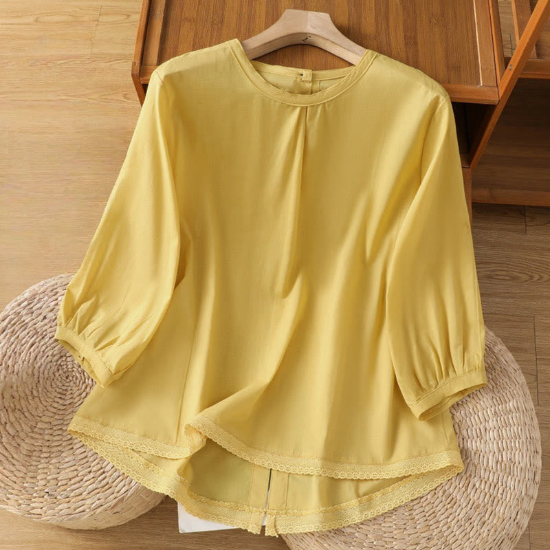 Plain Lace Hem Single Breasted Button Cotton Linen Three Quarter Sleeve Women's Crew Neck Shirt