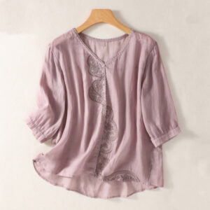 Casual Embroidered Pattern Women's V-neck Design Half Sleeve Cotton Linen T-shirt