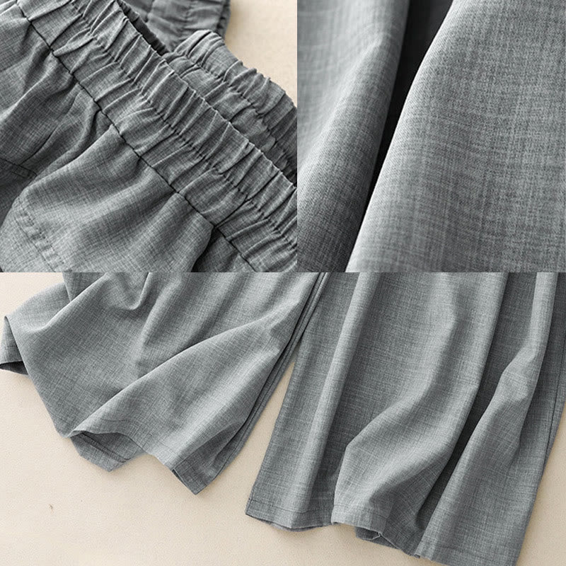 Plain LightSteelBlue Women's Wide Leg Cotton Linen Pants With Pockets - Image 9