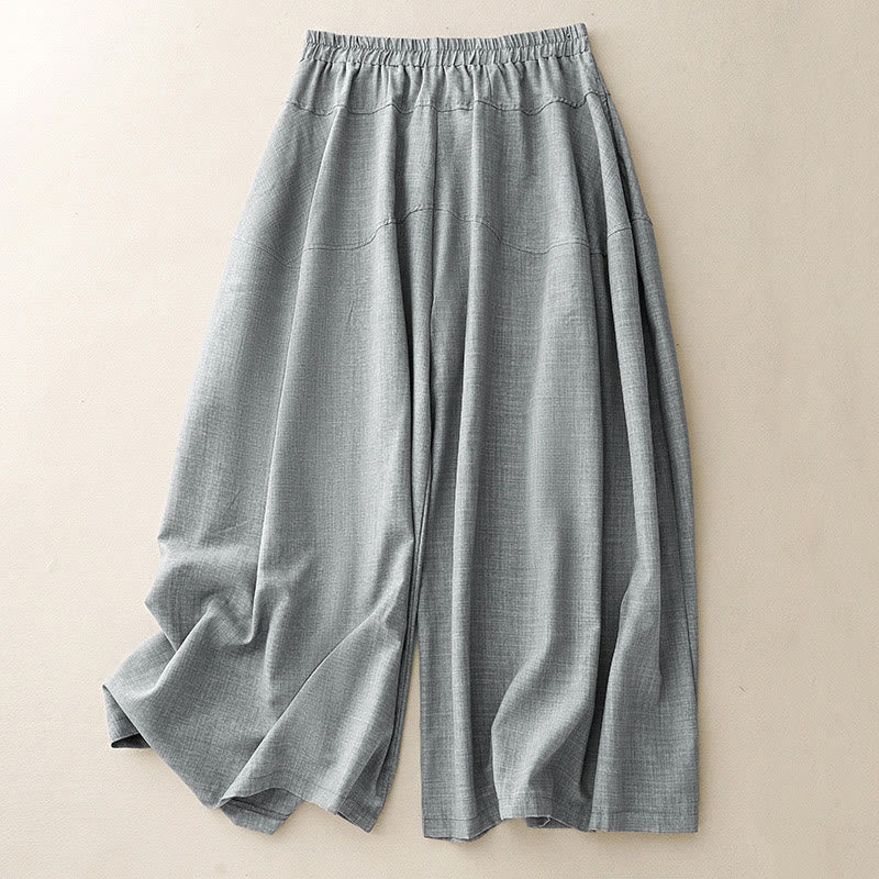 Plain LightSteelBlue Women's Wide Leg Cotton Linen Pants With Pockets