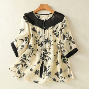 Printing Floral Buttons Color Contrast Half Sleeve Women's Shirt