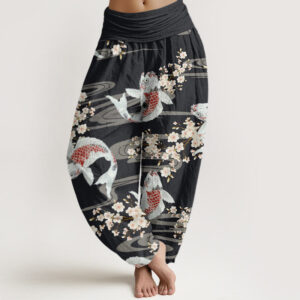 Casual Cherry Blossoms Koi Fish Pattern Women's Elastic Waist Harem Pants
