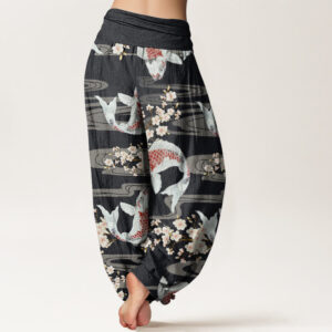 Casual Cherry Blossoms Koi Fish Pattern Women's Elastic Waist Harem Pants - Image 3
