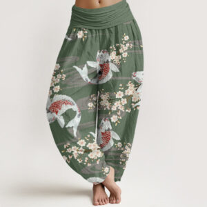 Casual Cherry Blossoms Koi Fish Pattern Women's Elastic Waist Harem Pants - Image 5