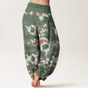 Casual Cherry Blossoms Koi Fish Pattern Women's Elastic Waist Harem Pants - Image 7