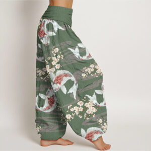 Casual Cherry Blossoms Koi Fish Pattern Women's Elastic Waist Harem Pants - Image 6