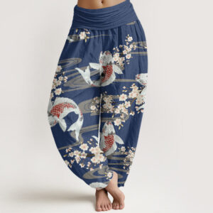 Casual Cherry Blossoms Koi Fish Pattern Women's Elastic Waist Harem Pants - Image 8