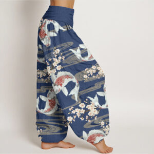 Casual Cherry Blossoms Koi Fish Pattern Women's Elastic Waist Harem Pants - Image 9
