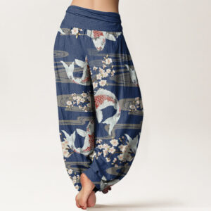 Casual Cherry Blossoms Koi Fish Pattern Women's Elastic Waist Harem Pants - Image 10