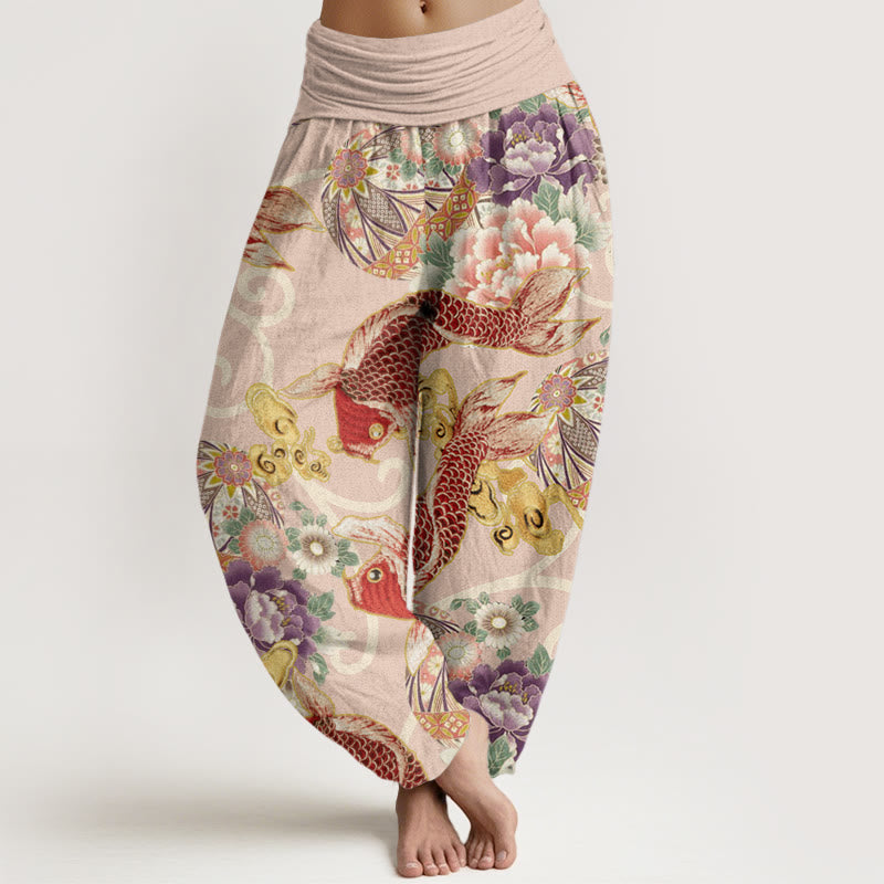 Casual Floral Koi Pattern Women's Elastic Waist Harem Pants