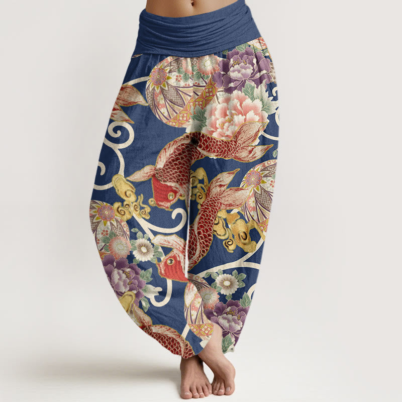 Casual Floral Koi Pattern Women's Elastic Waist Harem Pants - Image 8