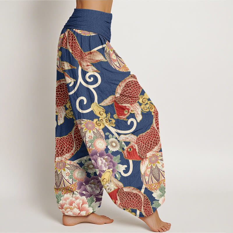 Casual Floral Koi Pattern Women's Elastic Waist Harem Pants - Image 9