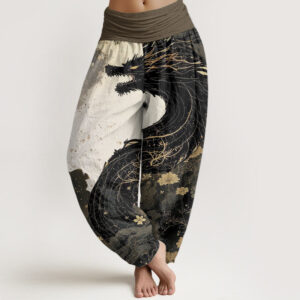 Pure Cotton Casual Dragon Ancient Tree Pattern Women's Elastic Waist Harem Pants