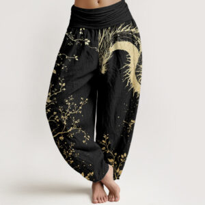 Pure Cotton Casual Dragon Flower Leaf Pattern Women's Elastic Waist Harem Pants