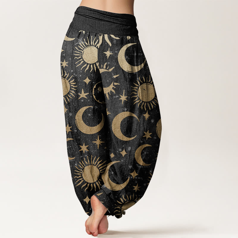 Pure Cotton Crescent Moon Sun Stars Pattern Design Women's Elastic Waist Harem Pants - Image 2