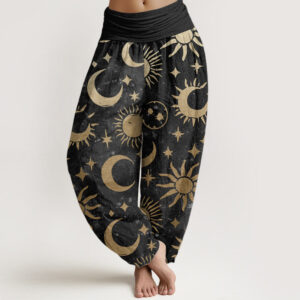 Pure Cotton Crescent Moon Sun Stars Pattern Design Women's Elastic Waist Harem Pants