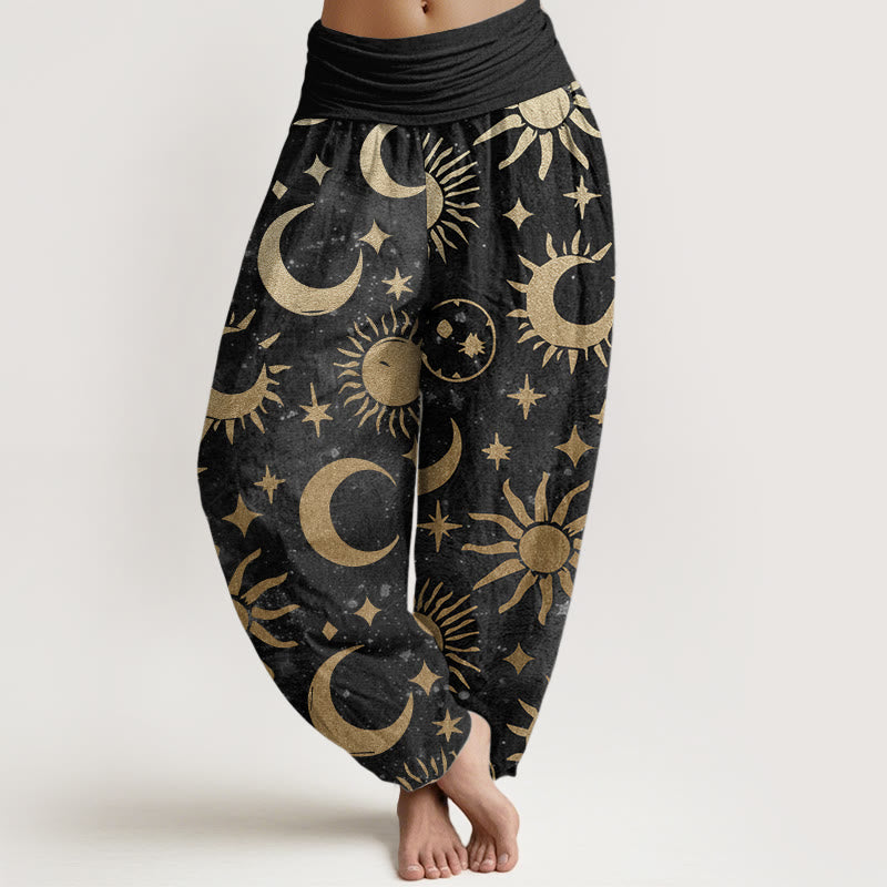 Pure Cotton Crescent Moon Sun Stars Pattern Design Women's Elastic Waist Harem Pants