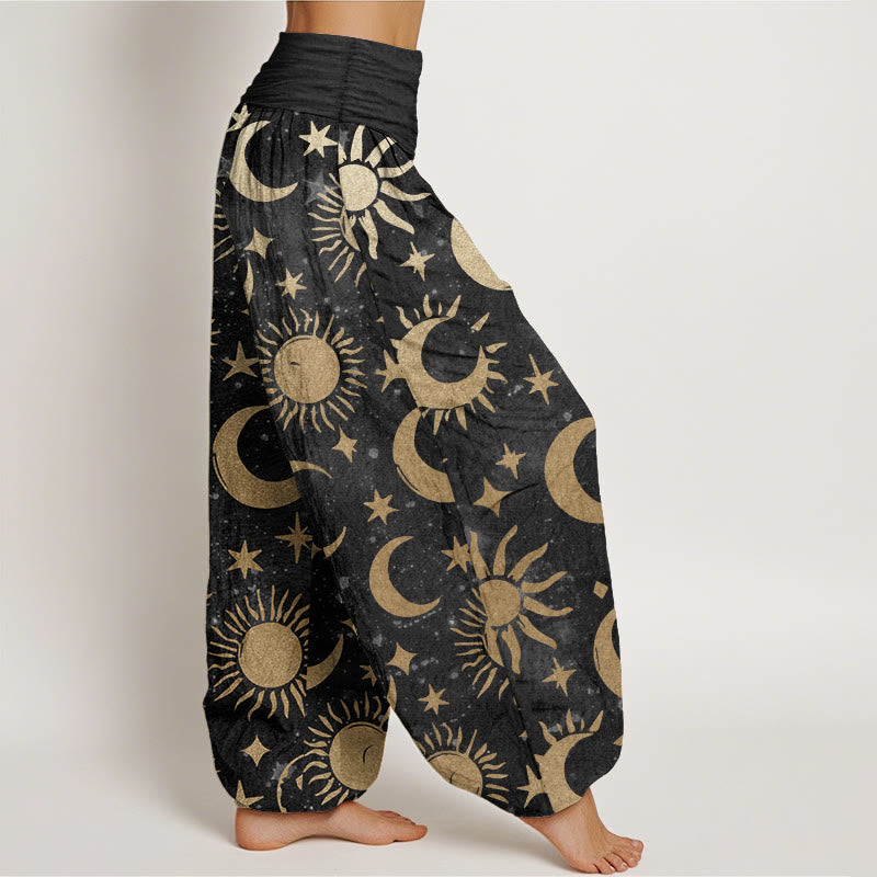 Pure Cotton Crescent Moon Sun Stars Pattern Design Women's Elastic Waist Harem Pants - Image 3
