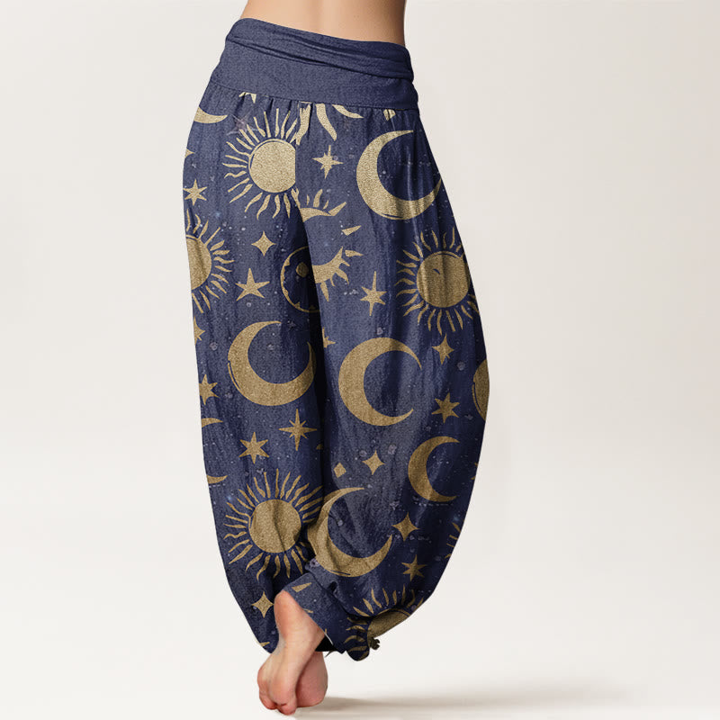 Pure Cotton Crescent Moon Sun Stars Pattern Design Women's Elastic Waist Harem Pants - Image 8
