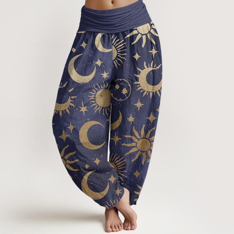 Pure Cotton Crescent Moon Sun Stars Pattern Design Women's Elastic Waist Harem Pants - Image 7