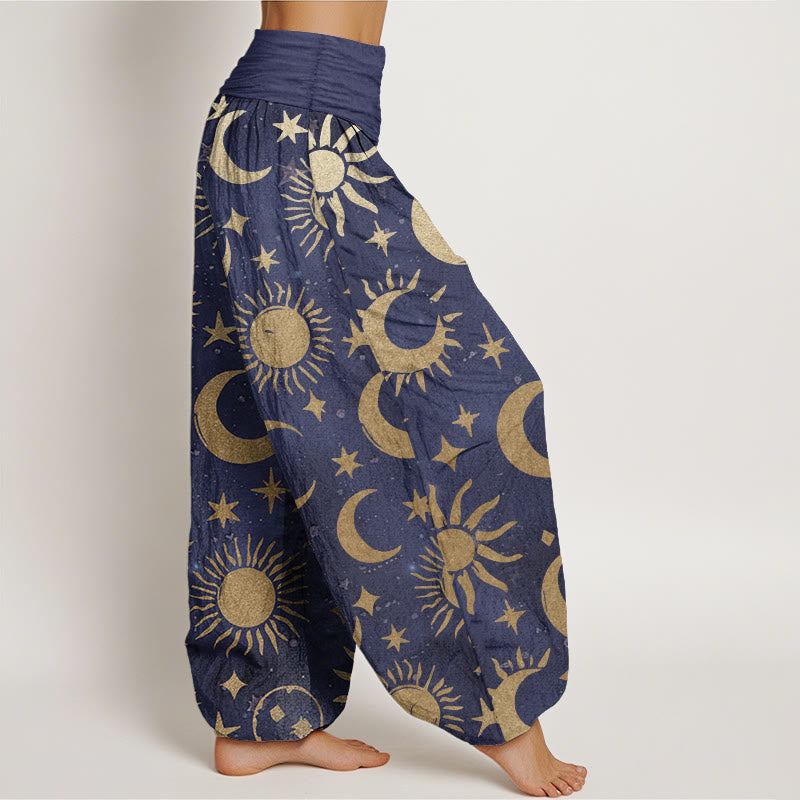 Pure Cotton Crescent Moon Sun Stars Pattern Design Women's Elastic Waist Harem Pants - Image 9