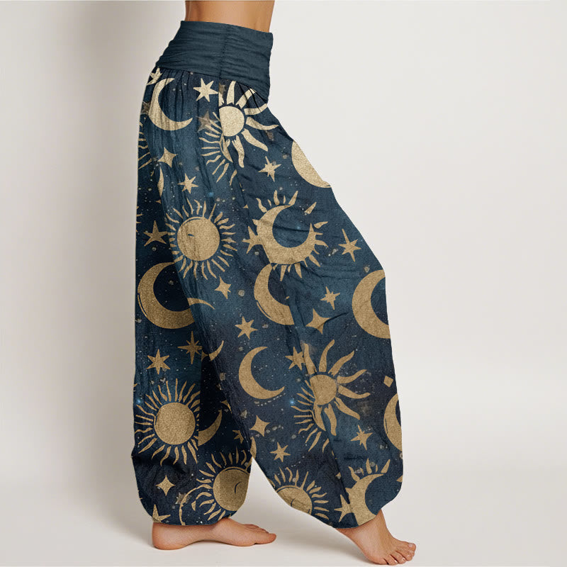 Pure Cotton Crescent Moon Sun Stars Pattern Design Women's Elastic Waist Harem Pants - Image 12