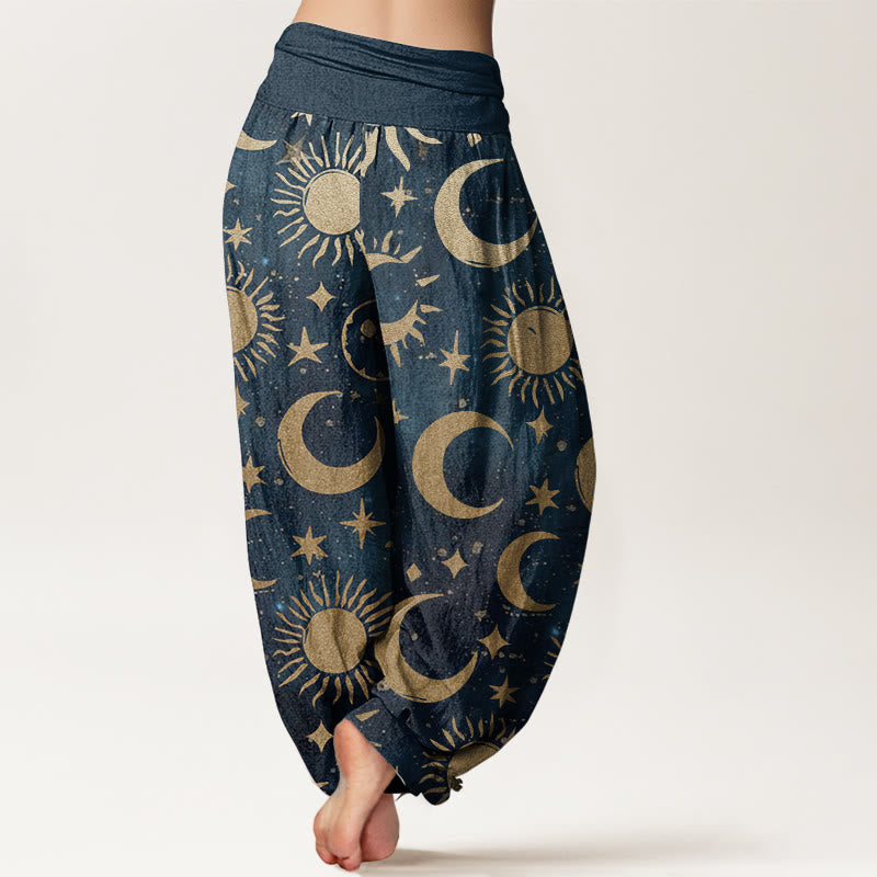 Pure Cotton Crescent Moon Sun Stars Pattern Design Women's Elastic Waist Harem Pants - Image 11