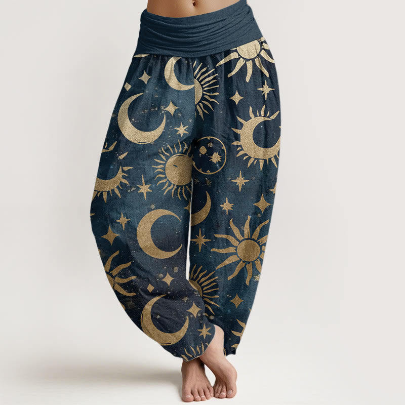 Pure Cotton Crescent Moon Sun Stars Pattern Design Women's Elastic Waist Harem Pants - Image 10