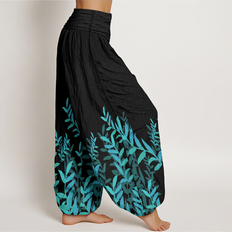 Pure Cotton Casual Leaves Pattern Women's Elastic Waist Harem Pants - Image 3