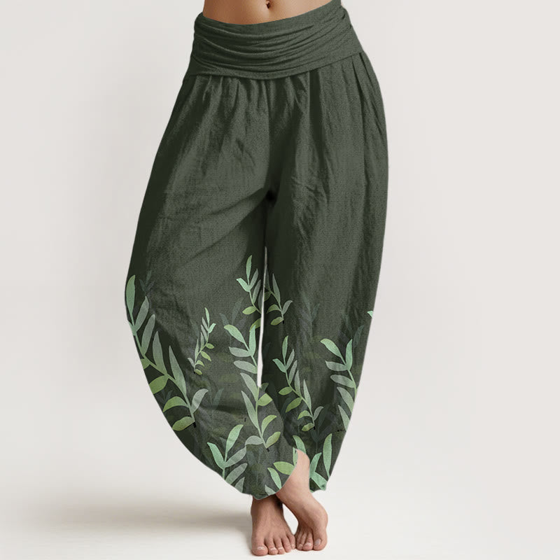 Pure Cotton Casual Leaves Pattern Women's Elastic Waist Harem Pants - Image 7