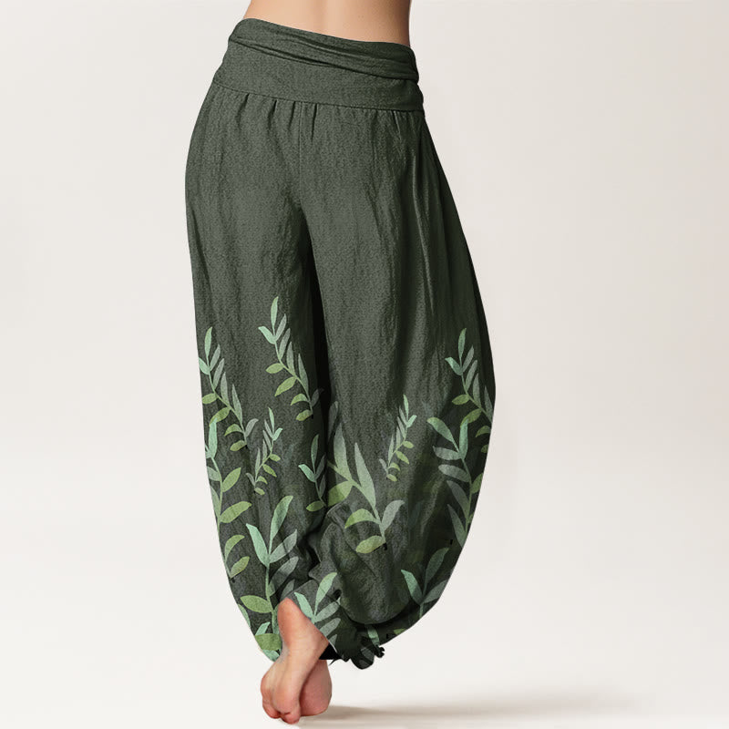 Pure Cotton Casual Leaves Pattern Women's Elastic Waist Harem Pants - Image 8