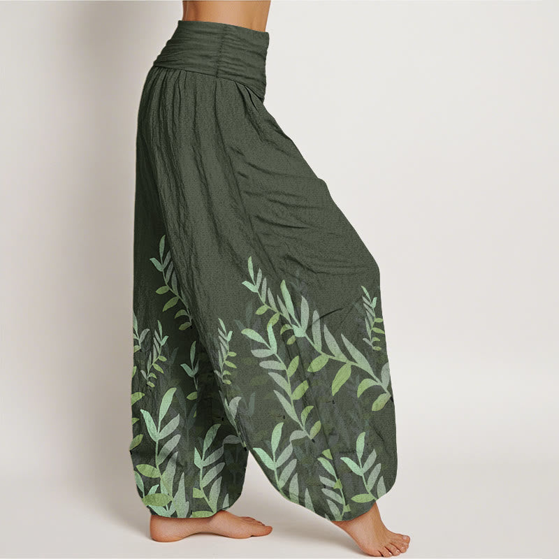 Pure Cotton Casual Leaves Pattern Women's Elastic Waist Harem Pants - Image 9