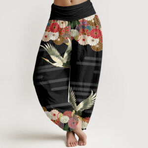 Casual Crane Chrysanthemum Pattern Women's Elastic Waist Harem Pants
