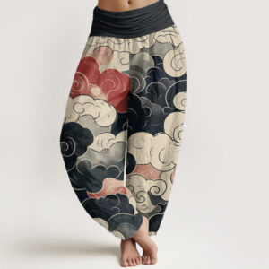 Pure Cotton Casual Auspicious Clouds Pattern Women's Elastic Waist Harem Pants