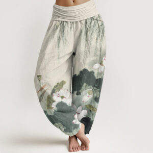 Casual Ink Lotus Flower Pattern Women's Elastic Waist Harem Pants