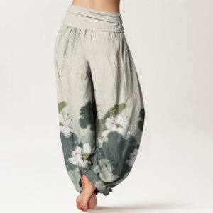 Casual Ink Lotus Flower Pattern Women's Elastic Waist Harem Pants - Image 3